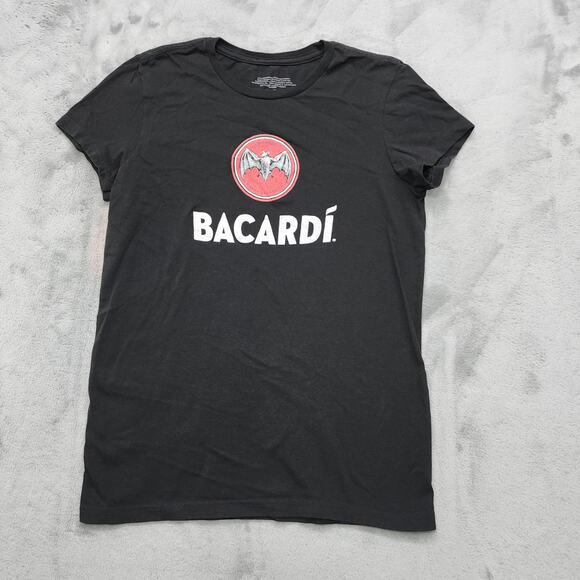 Bacardi Top Womens M Black Crew Neck Short Sleeves Casual Party Rum Bat Logo - Picture 1 of 7